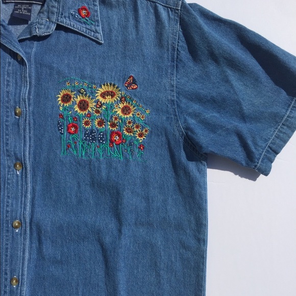 Vintage Denim Button Short Sleeve w/ Embroidery - Picture 3 of 4